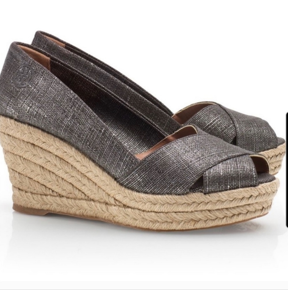 Tory Burch Filipa Wedges Espadrille Sandals Gray Travel Casual Made In Spain